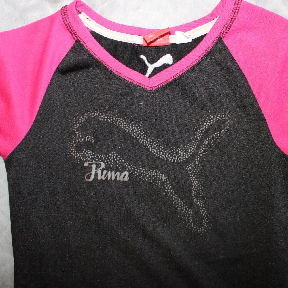 Puma Girls Black/Pink V-Neck Short Sleeve Top ~S~ - Picture 2 of 6